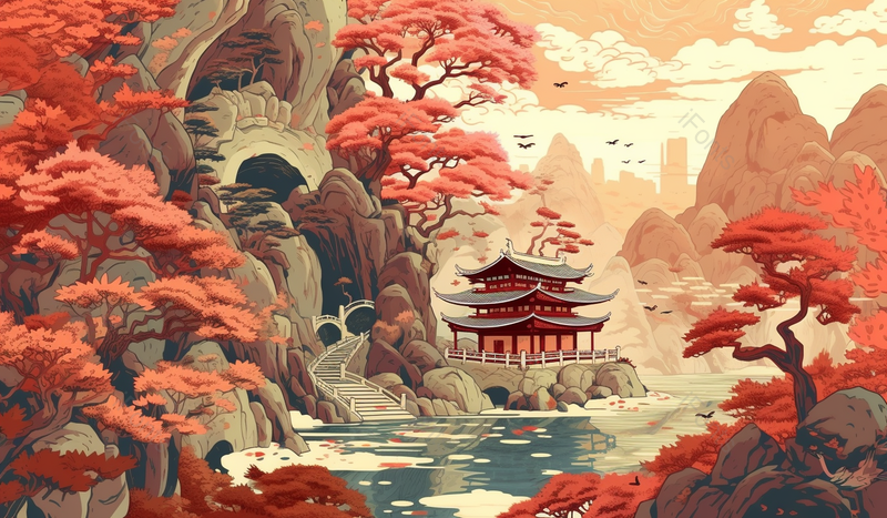 氛围感国潮插画建筑背景图,插画/手绘图,插画/手绘图库,插画/手绘图下载,插画/手绘